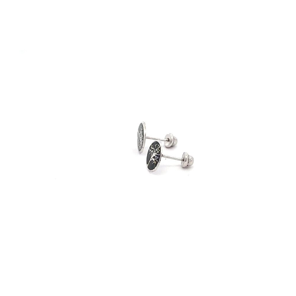 925 Sterling Silver Stud Tree of Life Black Earrings Small Screw Back - Picture 3 of 5